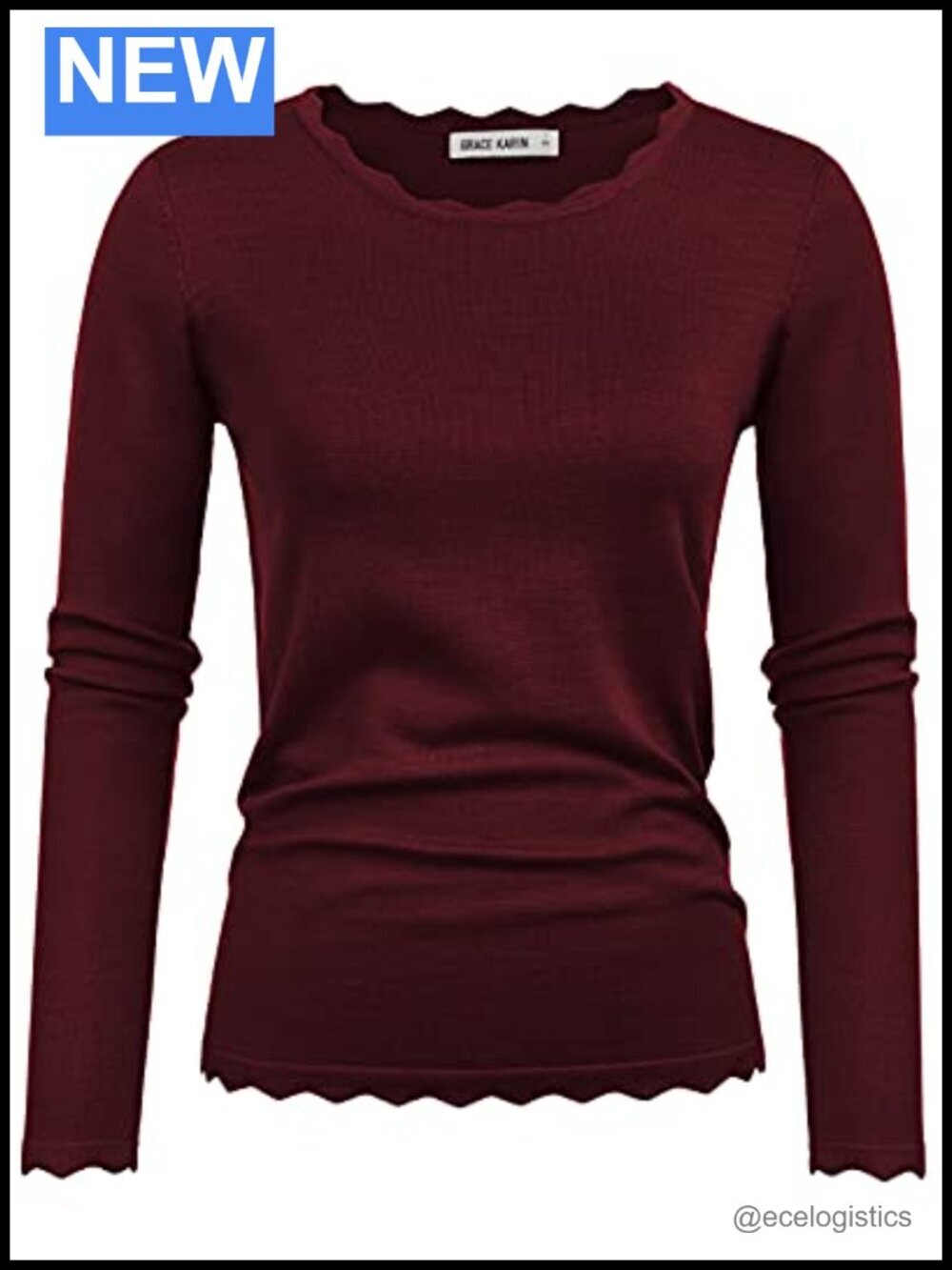 Long Sleeve Crew Neck Scalloped Sweater Pullover Lightweight Knit Stretchy Comfy